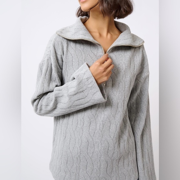 Kal Rieman Sandra Wide Collared Quarter Zip Pullover Cable Knit Sweater, Gray, L - Picture 2 of 16